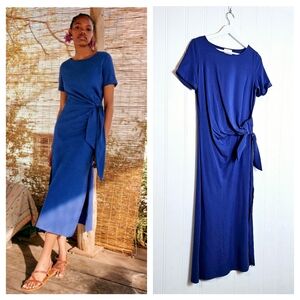 Sezane Pippa Midi Dress Womens Size S Blue Short Sleeve Tie Waist Side Slits